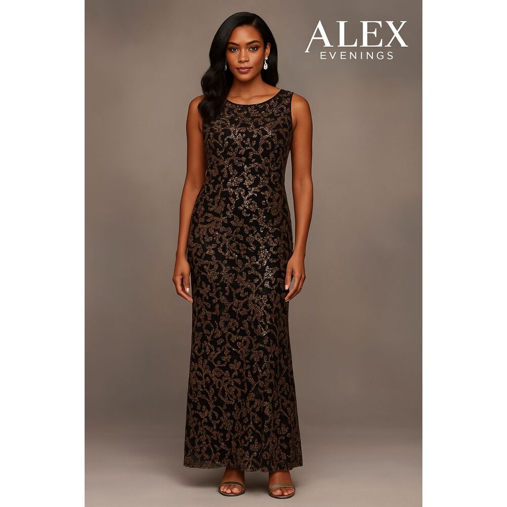 Alex Evenings Black Gold Sleeveless Sequined Formal Gown Size 10